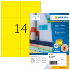 Gelbe Etiketten mit der Nummer 14, verpackt in einer Herma-Spezialverpackung, die Informationen zu den Etiketten enthält.