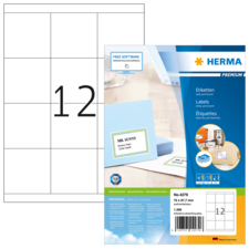 Etikettenpackung von Herma mit 12 Etiketten pro Blatt, inklusive Beispiel für beschriftete Karte und Hinweis auf kostenlose Software.