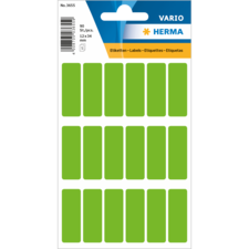Grüne Etiketten auf einem Bogen, 90 Stück, Maße 12 x 34 mm, geeignet für Beschriftungen und Organisation.