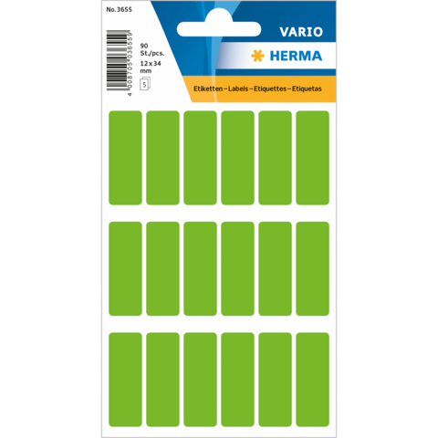 Grüne Etiketten auf einem Bogen, 90 Stück, Maße 12 x 34 mm, geeignet für Beschriftungen und Organisation.