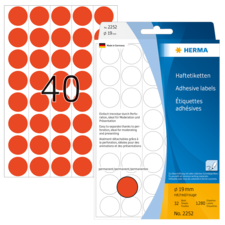 Runde, rote Haftetiketten auf einem Bogen mit 40 Etiketten. Verpackung zeigt die Marke HERMA und die Größe von 19 mm.