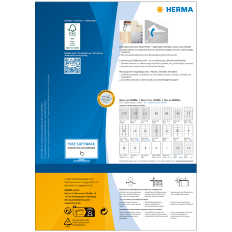 Información del producto HERMA con detalles sobre etiquetas, software y recomendaciones de uso. Incluye código QR y diagramas para los diseños de etiquetas.