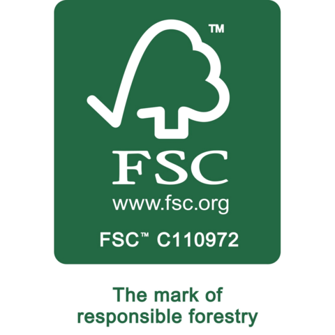 FSC-Logo, das für verantwortungsvolle Forstwirtschaft steht, mit der Website www.fsc.org und der Zertifikatsnummer FSC C110972.