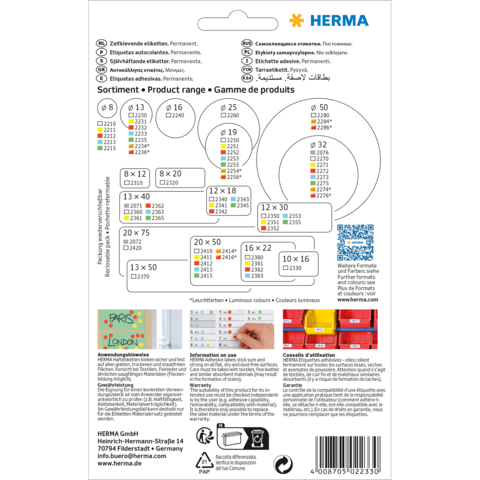 Produktübersicht von HERMA mit verschiedenen Etikettenformaten, Farben und Anwendungshinweisen. QR-Code und Kontaktdaten sind ebenfalls enthalten.