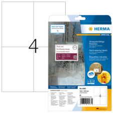 Packung mit strapazierfähigen Etiketten von Herma, inklusive Anweisungen zur Nutzung und Softwarehinweisen.