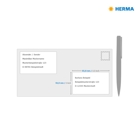 Briefbeschreibung einer Postkarte mit Absender- und Empfängerdaten, einschließlich Adressen und Maßen in Millimetern und Zoll.