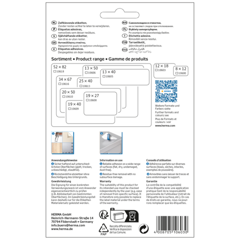 Rückseite einer Verpackung mit Informationen zu Etiketten, Größen und Anwendungshinweisen. QR-Code und Kontaktinformationen sind ebenfalls vorhanden.