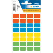 Bunte Etiketten in verschiedenen Farben (rot, orange, blau, gelb, grün) auf einem Bogen, insgesamt 160 Stück, Größe 12x19 mm.