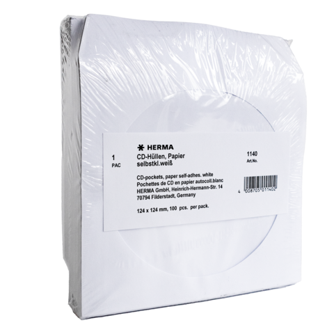 CD-Hüllen aus Papier, weiß, selbstklebend, verpackt in einer Packung mit 100 Stück, Maße 124 x 124 mm. Hersteller: HERMA GmbH.