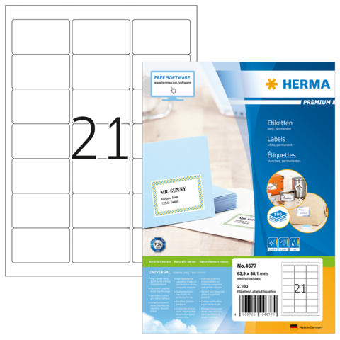 Etikettenblatt mit 21 leeren Feldern und einer Verpackung für Herma Etiketten, die Software zur Gestaltung anbietet.