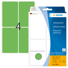 Grüne Haftetiketten von Herma, 52 x 82 mm, 32 Etiketten pro Packung, permanent haftend, mit einer grünen und einer weißen Vorlage.
