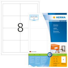 Etikettenblatt mit der Nummer 8, das 200 Etiketten im Format 97 x 627 mm zeigt, hergestellt von HERMA in Deutschland.