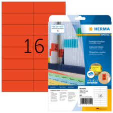 Farbige Etiketten auf einer Verpackung, mit der Nummer 16 und dem Hinweis auf kostenlose Software zur Etikettenerstellung.