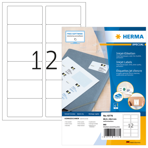 Blatt mit leeren Etiketten und Verpackung für Herma Inkjet-Etiketten, inklusive Hinweis auf kostenlose Software zur Etikettenerstellung.
