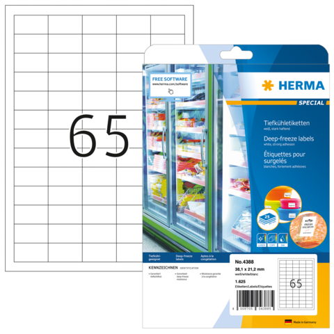 Tiefkühl-Etiketten-Packung mit der Nummer 65, inklusive Software-Hinweis und Abbildung von gefrorenen Lebensmitteln.