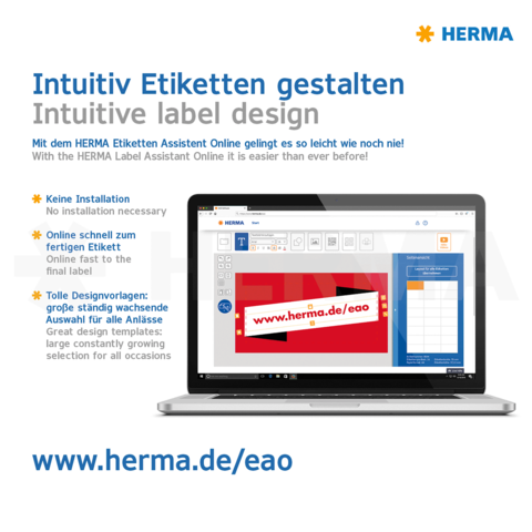Intuitives Etikettendesign mit dem HERMA Etikettenassistenten Online. Keine Installation nötig, schnelle Online-Erstellung und große Auswahl an Vorlagen.