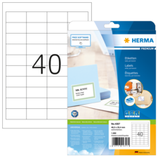 Etikettenpackung mit 40 Labels, inklusive Beispielkarten und Informationen zur kostenlosen Software. Verpackung zeigt Produktdetails und Maße.