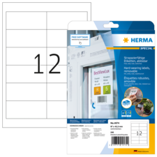 Strapazierfähige, ablösbare Etiketten von Herma, Packung mit 240 Etiketten, geeignet für verschiedene Anwendungen, inklusive Softwarehinweis.