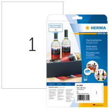 Flaschenetiketten von HERMA, inklusive kostenloser Software, für die individuelle Gestaltung von Etiketten. Verpackung zeigt Beispiele.