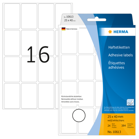 Haftetiketten von HERMA, 25 Stück, 25 x 40 mm, weiß, mit der Nummer 16 auf einem Etikett. Verpackung zeigt Produktdetails.