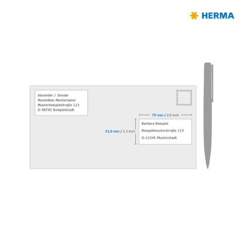 Briefbeschreibung einer Postkarte mit Absender- und Empfängerdaten sowie Maßangaben für die Adresse. Oben rechts ist ein Briefmarkenfeld.