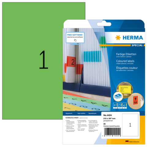 Grüne Etikettenpackung mit der Aufschrift "1" und Informationen zu farbigen Etiketten von HERMA, einschließlich Softwarehinweis.