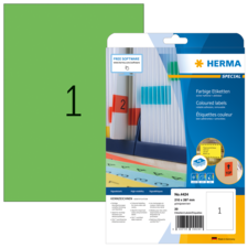 Grüne Etikettenpackung mit der Aufschrift "1" und Informationen zu farbigen Etiketten von HERMA, einschließlich Softwarehinweis.