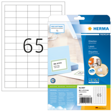 Etikettenpackung von Herma mit 65 vorgestanzten Etiketten auf einem Blatt, inklusive Beispieletikett mit dem Text "MR. SUNNY".