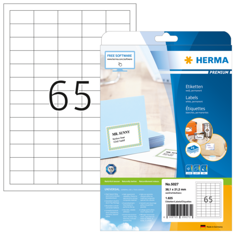 Etikettenpackung von Herma mit 65 vorgestanzten Etiketten auf einem Blatt, inklusive Beispieletikett mit dem Text "MR. SUNNY".