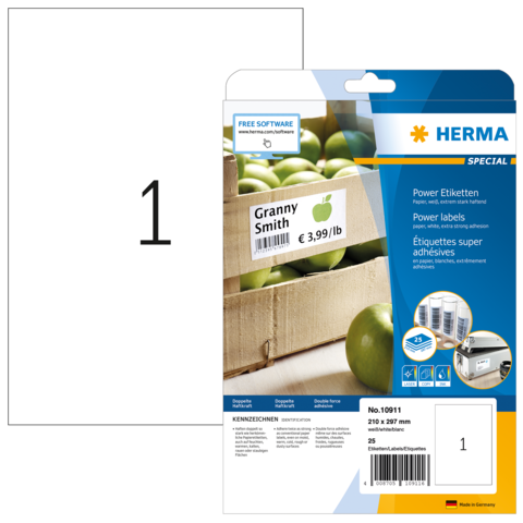 Etikettenpackung mit der Aufschrift "Granny Smith" und Preisangabe, umgeben von grünen Äpfeln. Verpackung von HERMA, enthält 25 Etiketten.