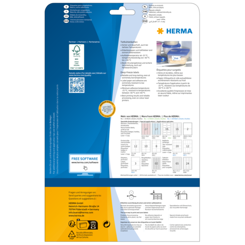 Rückseite einer Verpackung von HERMA mit Informationen zu Etiketten, Software und Anwendungshinweisen. Enthält QR-Code und technische Details.