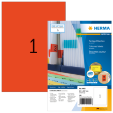 Farbiges Etikettenset von Herma, enthält 100 Etiketten in verschiedenen Farben, mit einer Größe von 210 x 297 mm.