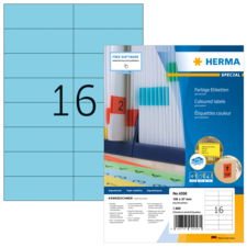 Farbige Etiketten auf einer Verpackung, mit der Aufschrift "16" und Informationen zu Größe und Verwendung.