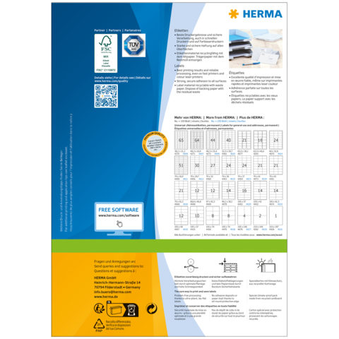 Produktinformationen von HERMA, einschließlich QR-Code, Softwarehinweis und eine Tabelle mit Größenangaben für Etiketten.
