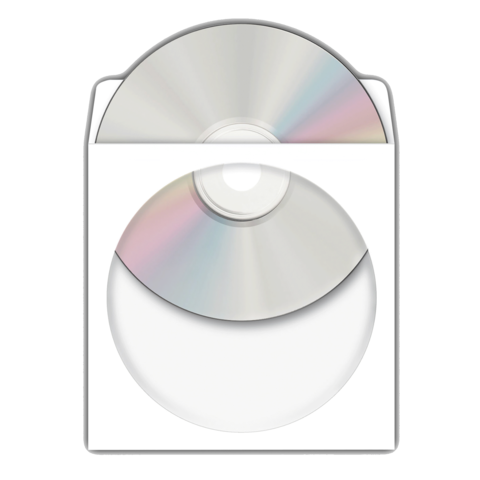 Zwei CDs in einer weißen Hülle, eine oben und eine unten, mit reflektierenden Oberflächen.