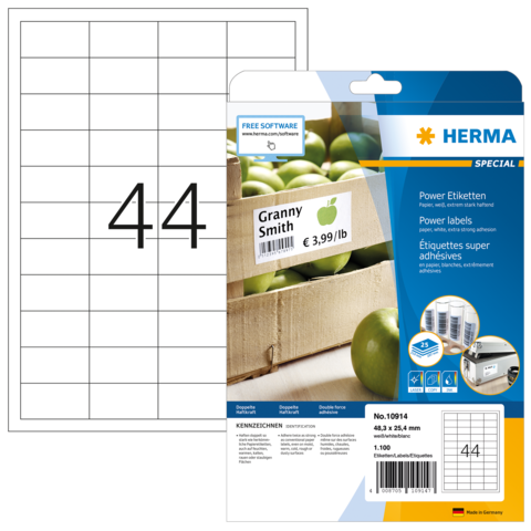 Etikettenpackung von Herma mit der Aufschrift „Granny Smith“ und Preisangabe, sowie leeren Etiketten auf einem weißen Blatt.