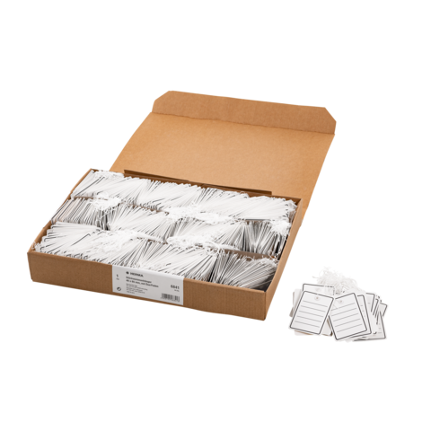 Ein Karton mit vielen weißen Karteikarten, einige liegen lose daneben. Die Karten sind leer und bereit für Notizen oder Beschriftungen.