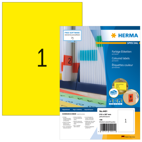 Gelbe Etiketten auf einer Verpackung, die die Marke HERMA zeigt. Enthält Informationen zu farbigen Etiketten und deren Verwendung.
