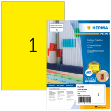 Gelbe Etiketten auf einer Verpackung, die die Marke HERMA zeigt. Enthält Informationen zu farbigen Etiketten und deren Verwendung.