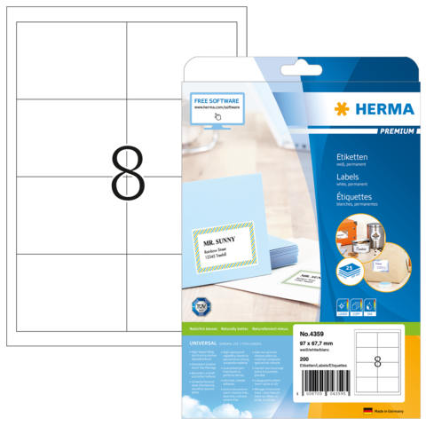 Etikettenpackung von Herma mit 8 Etiketten pro Blatt, inklusive Beispieletikett mit dem Namen "MR. SUNNY".