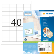 Etikettenpackung von Herma mit 40 Etiketten, inklusive Beispiel für beschriftete Karte. Verpackung zeigt Produktdetails und Softwarehinweis.