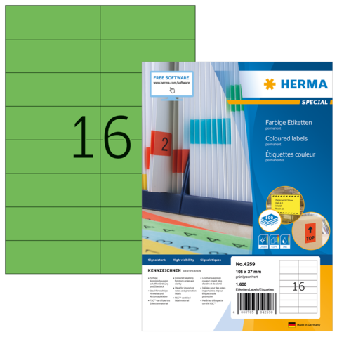 Grüne Etiketten mit der Nummer 16, verpackt in einer Herma-Hülle, die farbige Etiketten für verschiedene Anwendungen zeigt.