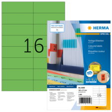 Grüne Etiketten mit der Nummer 16, verpackt in einer Herma-Hülle, die farbige Etiketten für verschiedene Anwendungen zeigt.