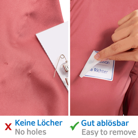 Ein rosa Stoff mit einem ablösbaren Namensschild. Links steht "Keine Löcher" und rechts "Gut ablösbar".