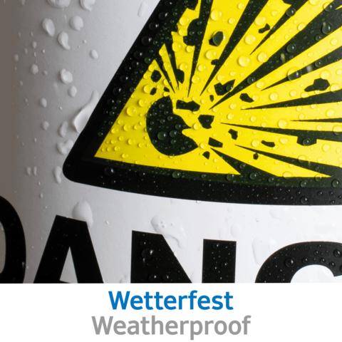 Gelbes Warnsymbol mit Sonnenstrahlen und Wassertropfen, darunter der Text "Wetterfest" in Deutsch und Englisch.