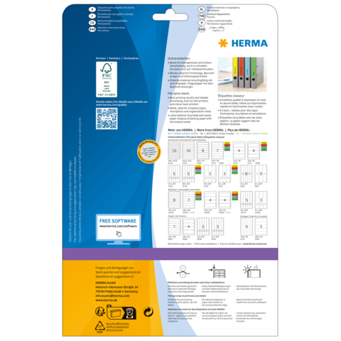 Rückseite einer Verpackung für HERMA Produkte, einschließlich Anweisungen, Softwarehinweis und Diagrammen zur Verwendung.