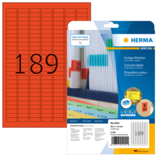 Rote Etiketten auf einem Bogen mit der Nummer 189, verpackt in einer transparenten Hülle von Herma.