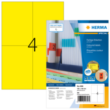 Gelbe Etiketten mit der Nummer 4, verpackt in einer Herma-Hülle, die Informationen zu den Etiketten enthält.
