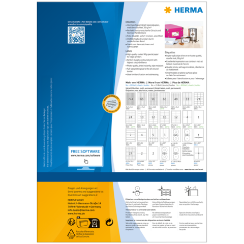 HERMA Produktinformation mit QR-Code, Softwarehinweis und Anleitungen zur Verwendung von Etiketten. Enthält Tabellen und Details zu verschiedenen Etikettenformaten.