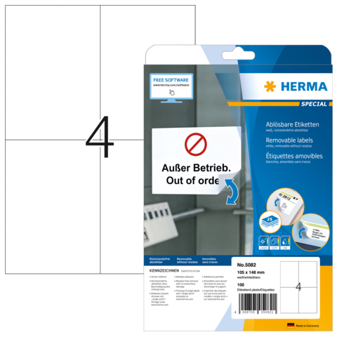 Packung mit ablösbaren Etiketten, die die Aufschrift "Außer Betrieb" und "Out of order" enthält. Größe: 10 x 16 mm.